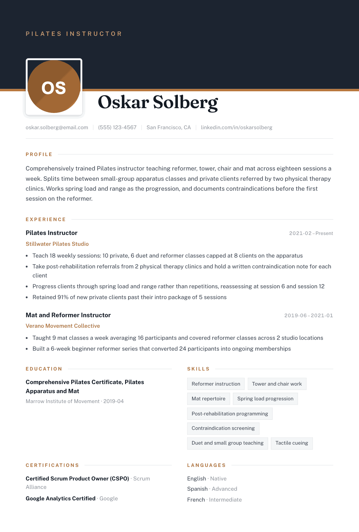 Pilates Instructor resume example, Atrium template