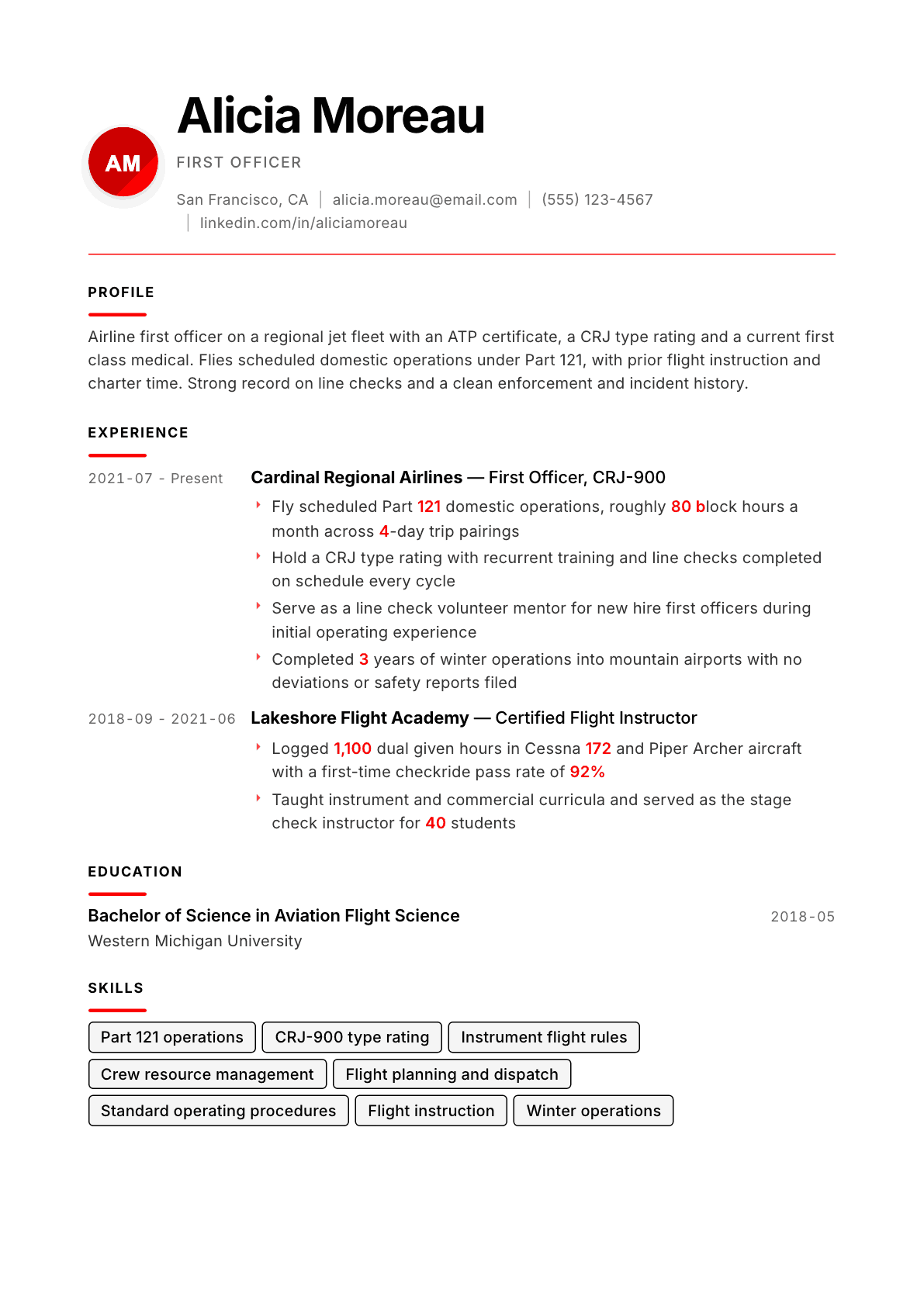 Pilot resume example, Swiss Modernist template