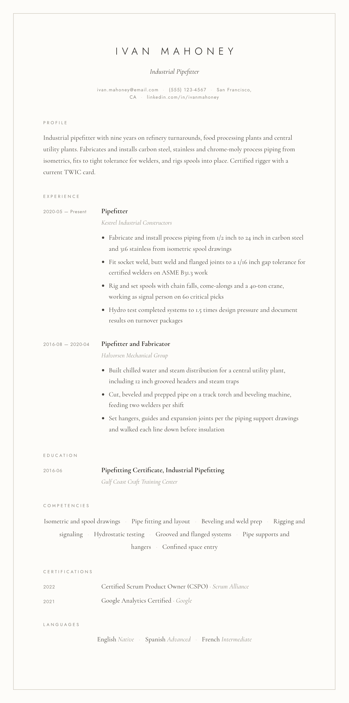 Pipefitter resume example, Vellum template