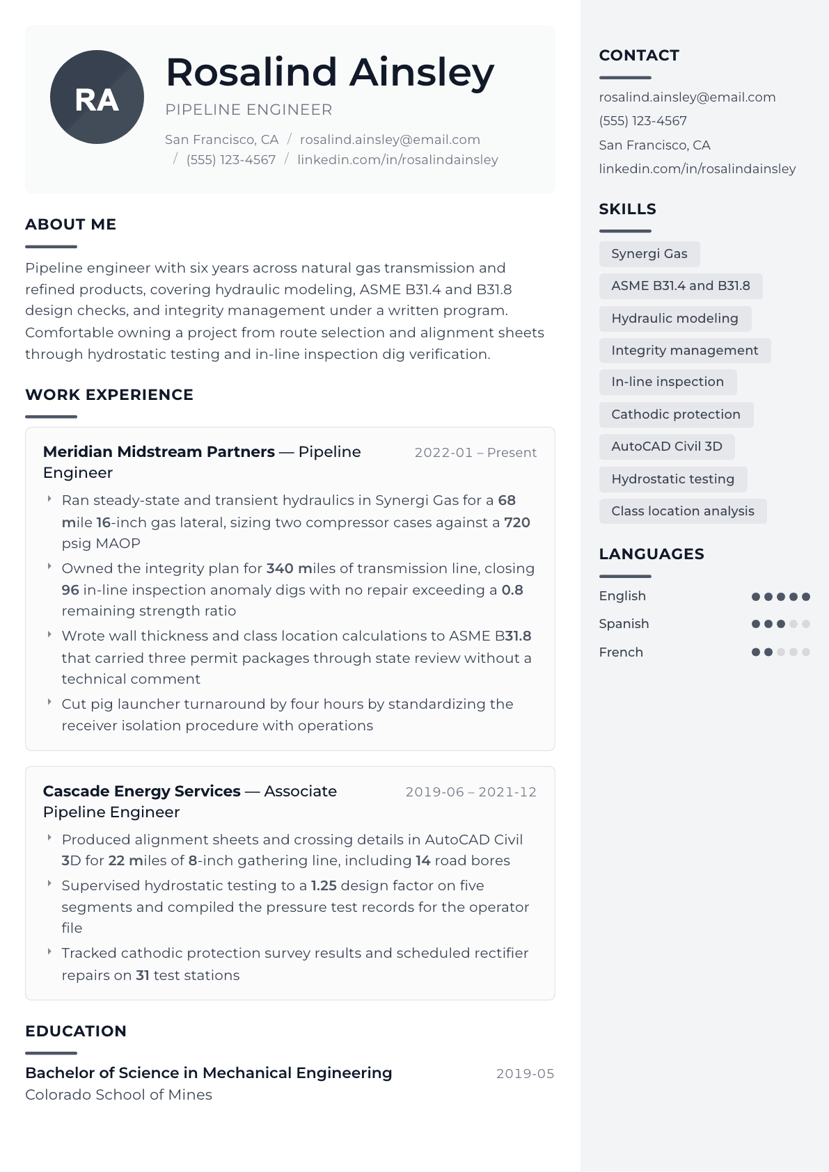 Pipeline Engineer resume example, Metropolitan template