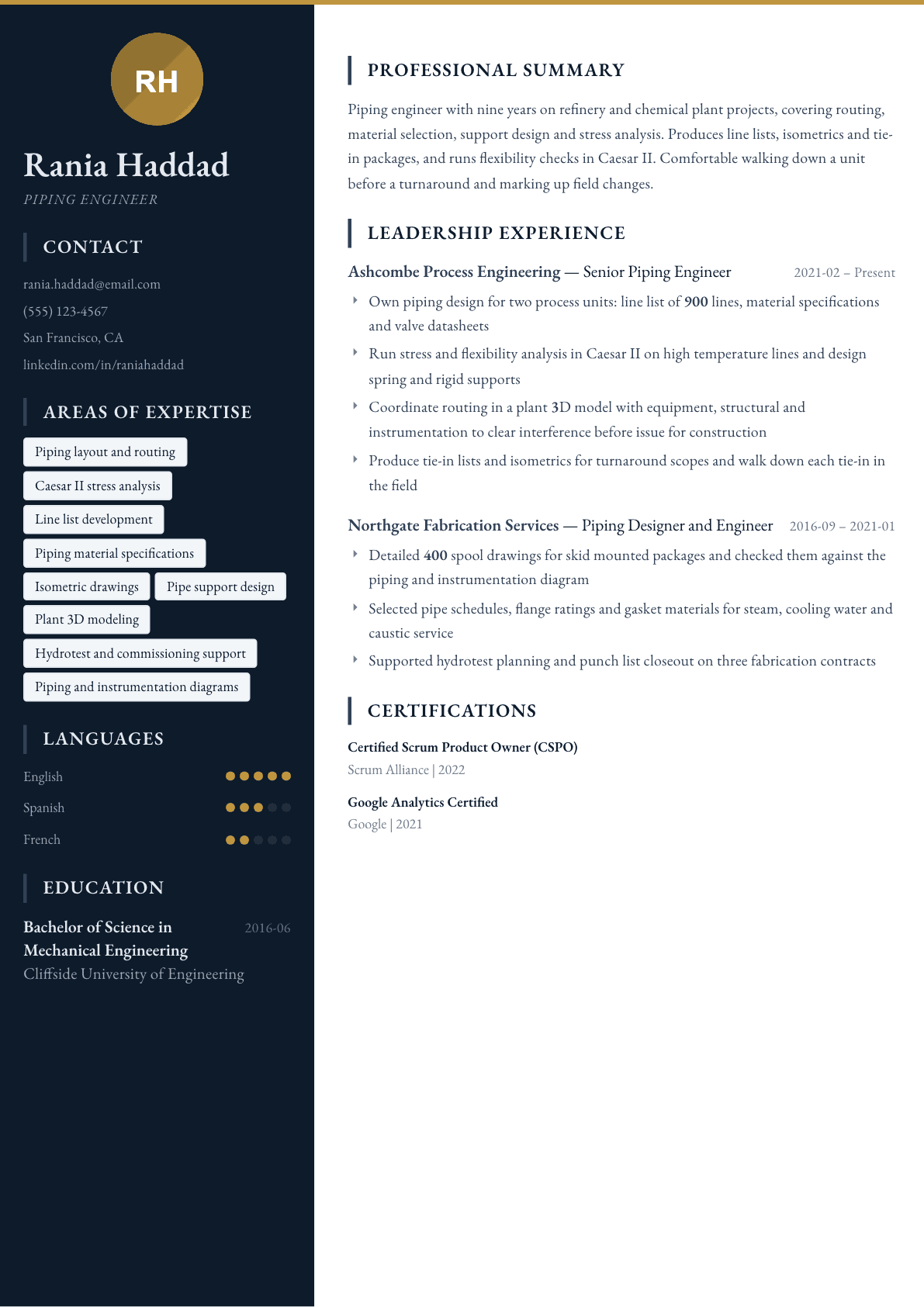 Piping Engineer resume example, Presidio template