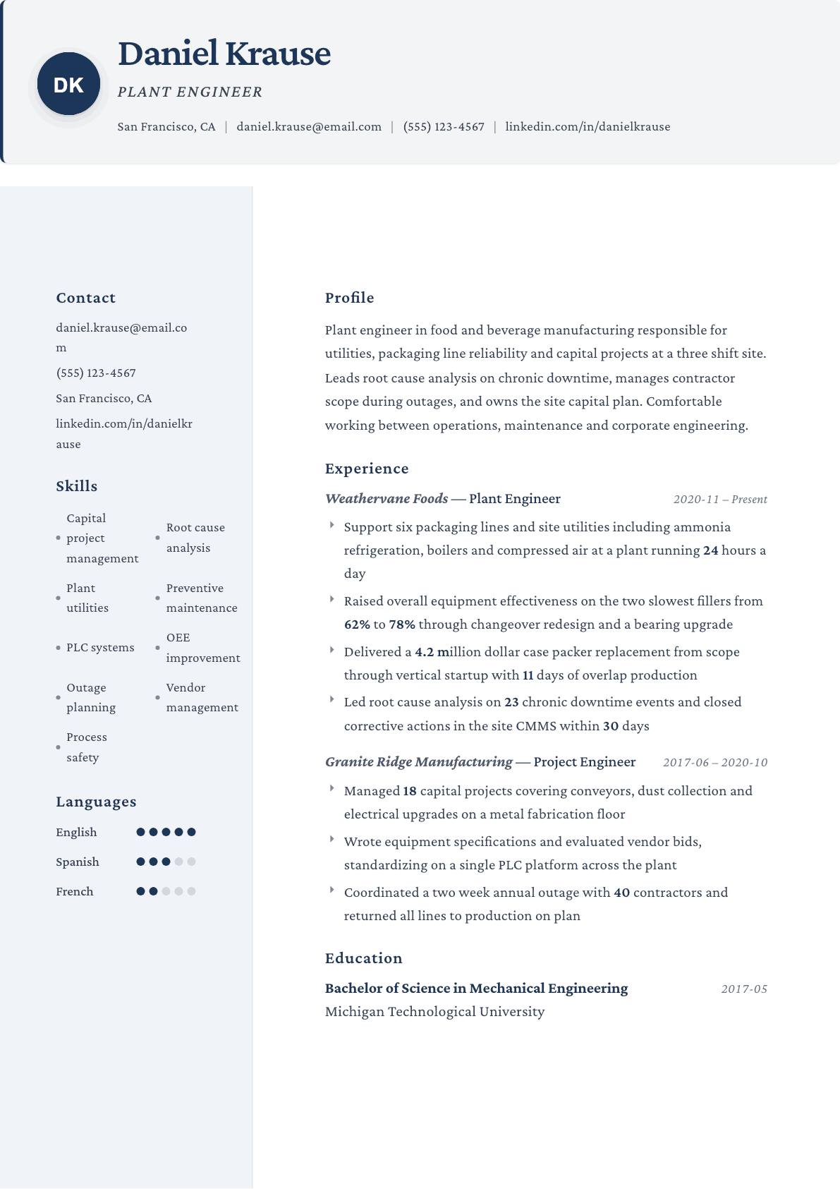 Plant Engineer resume example, Formal template