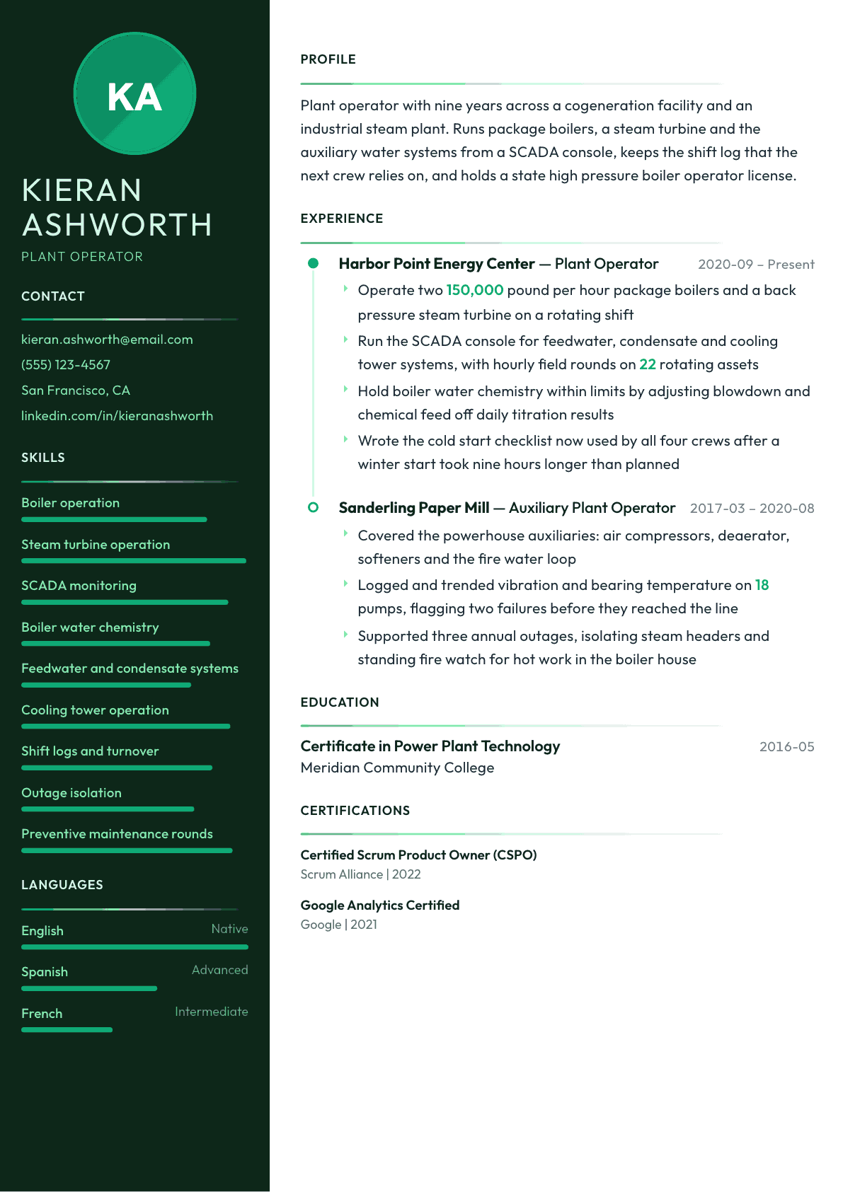Plant Operator resume example, Meridian template