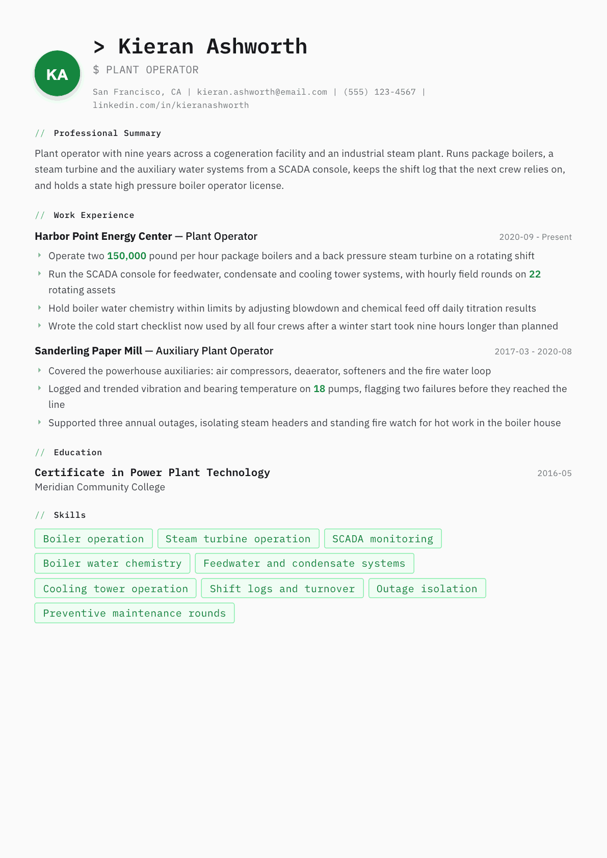 Plant Operator resume example, Amsterdam template