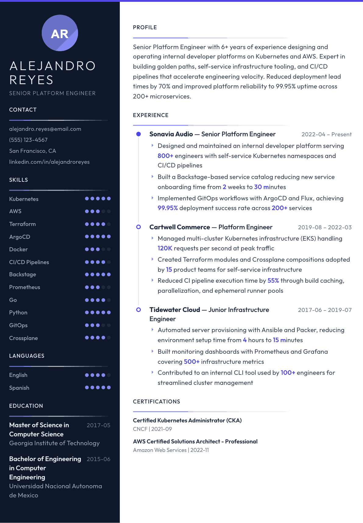 Platform Engineer resume example, Zenith template