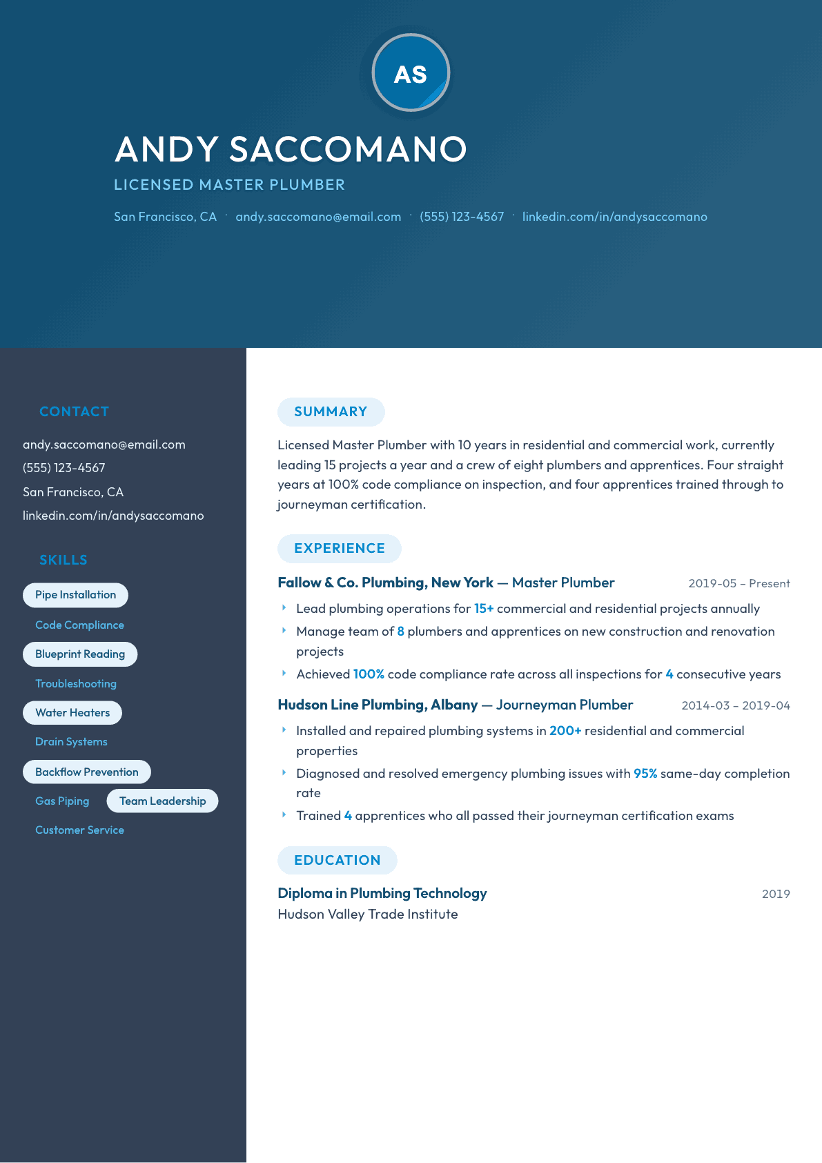 Plumber resume example, Nexus template