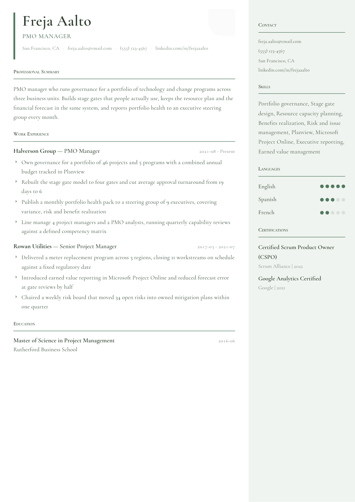 PMO Manager resume example, Copenhagen template