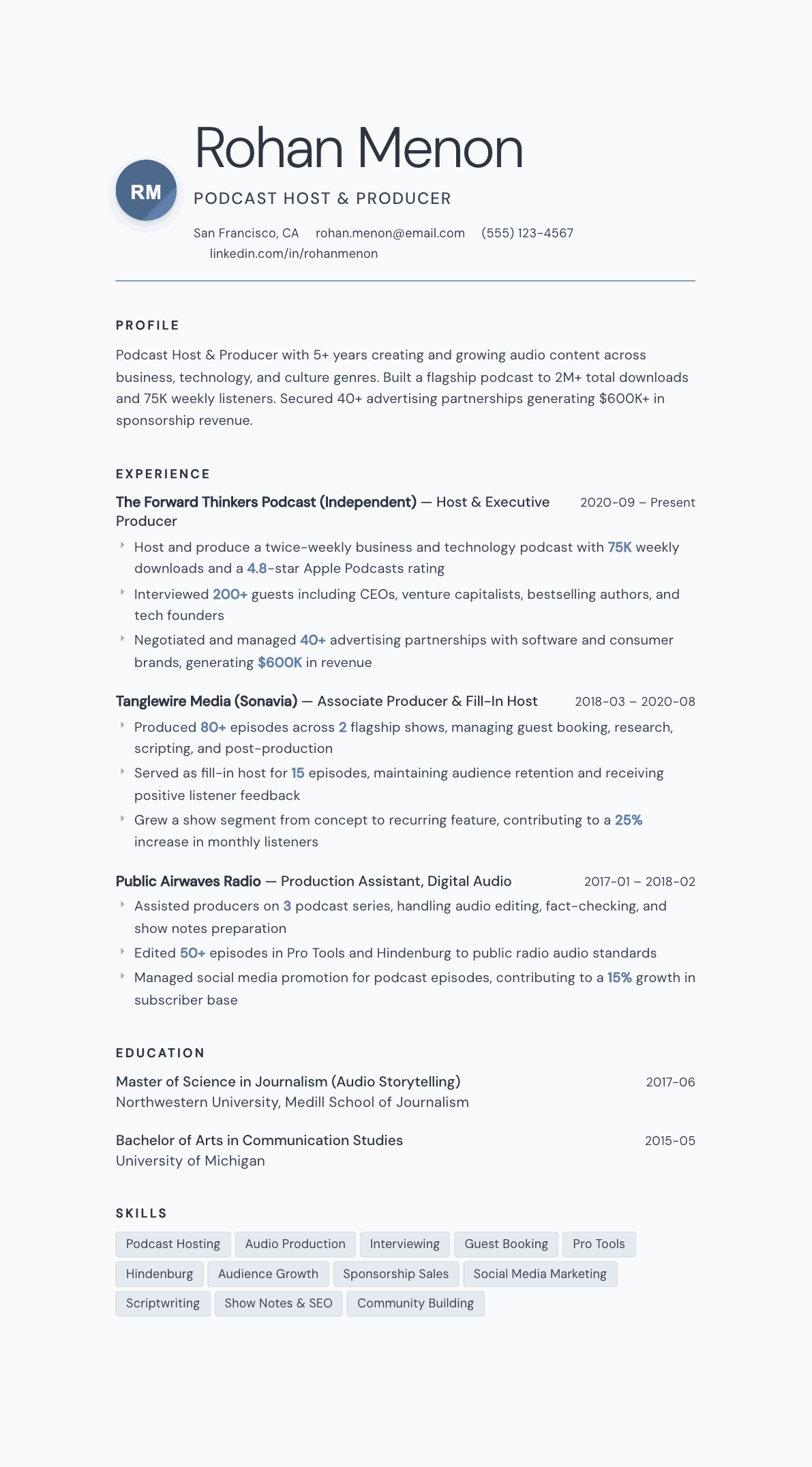 Podcast Host resume example, Nordic template