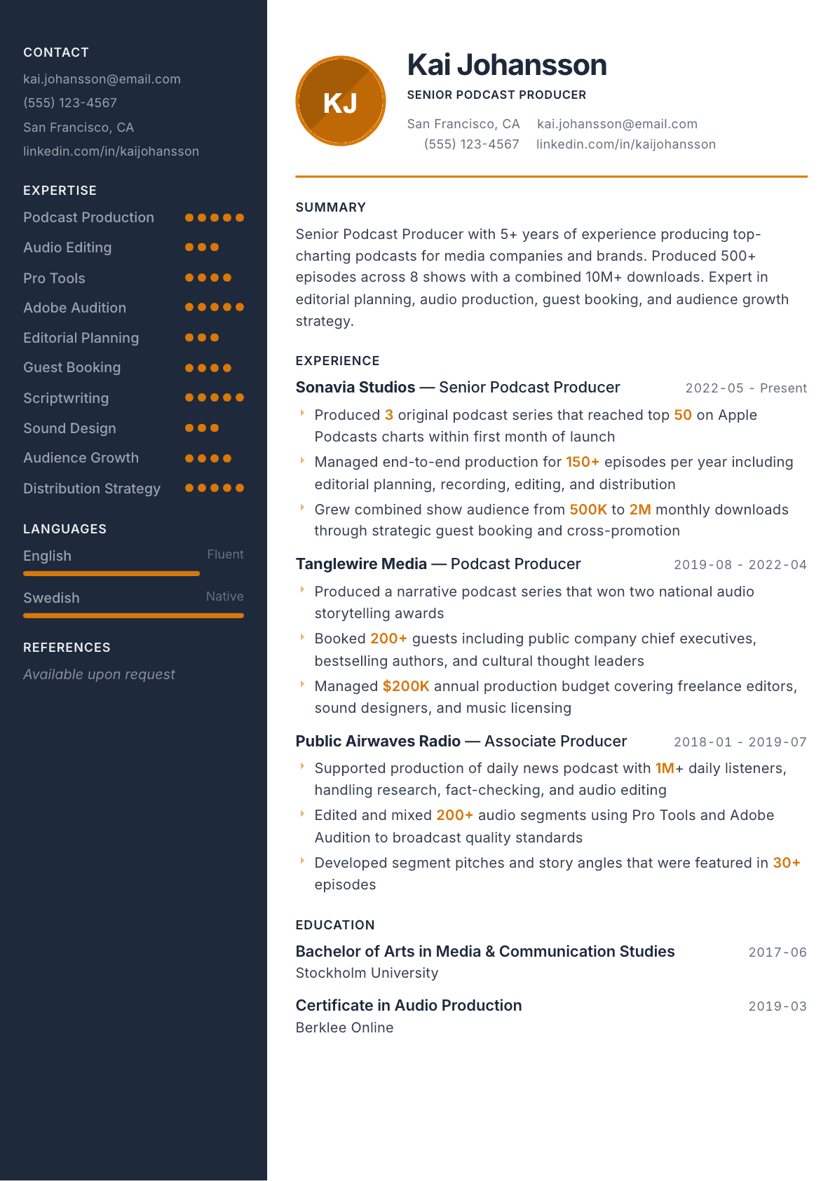 Podcast Producer resume example, Copper & Slate template
