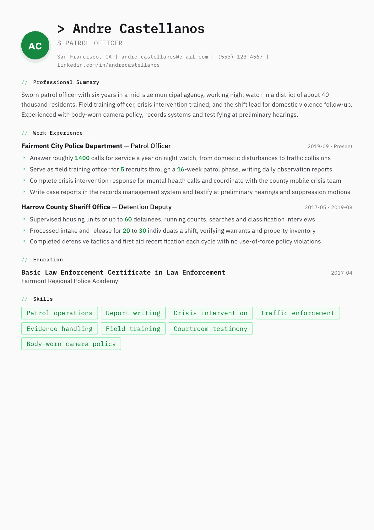 Police Officer resume example, Amsterdam template