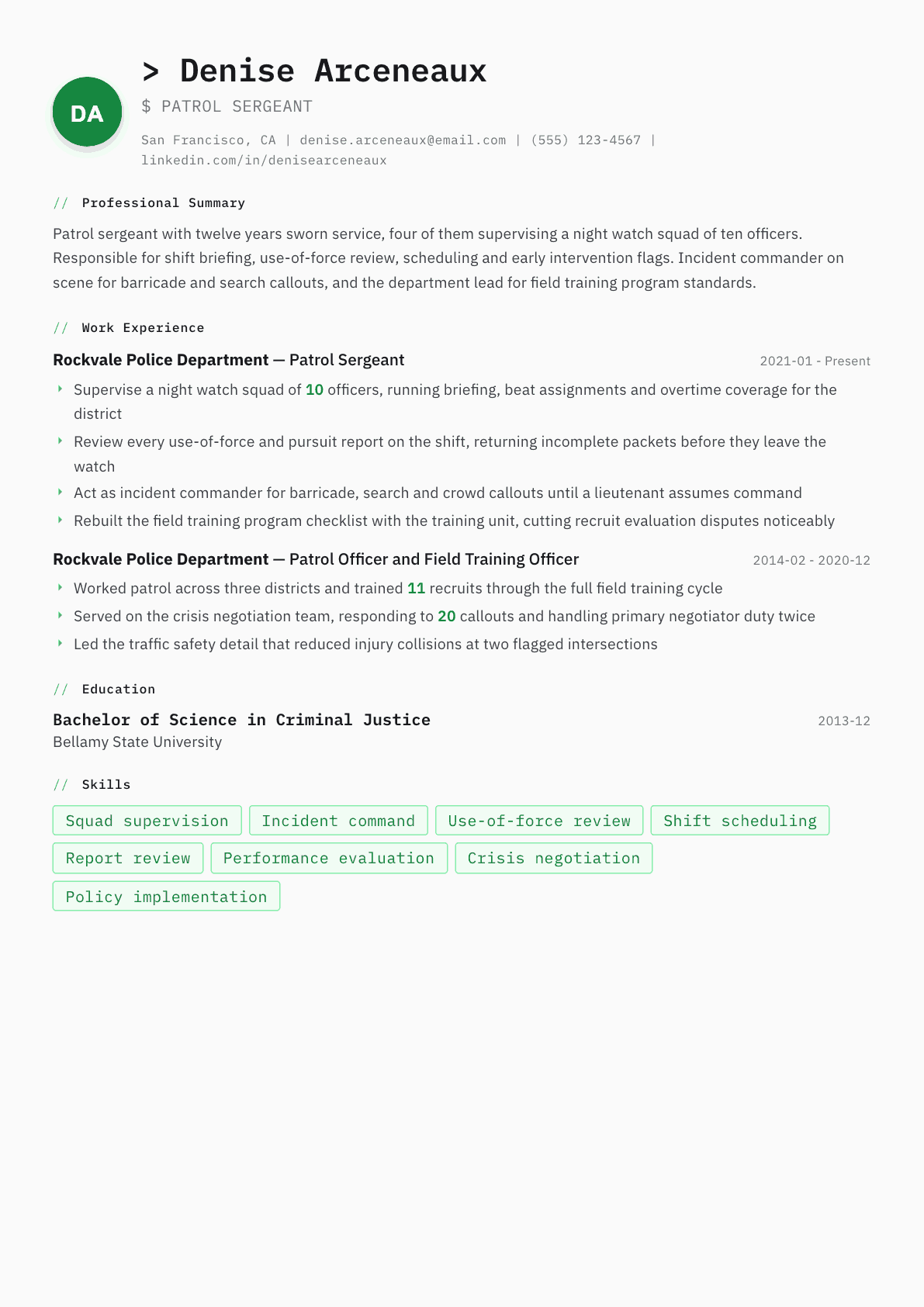 Police Sergeant resume example, Amsterdam template