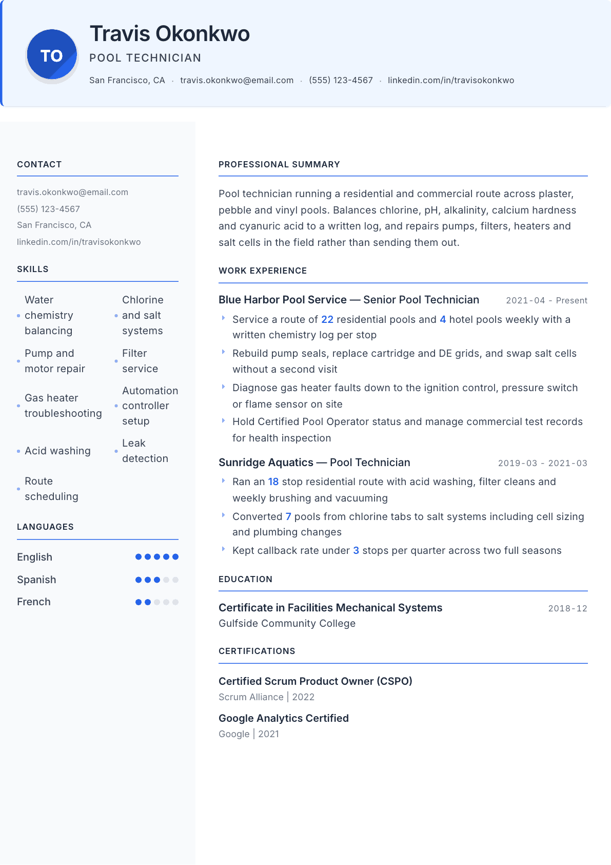 Pool Technician resume example, Geneva template