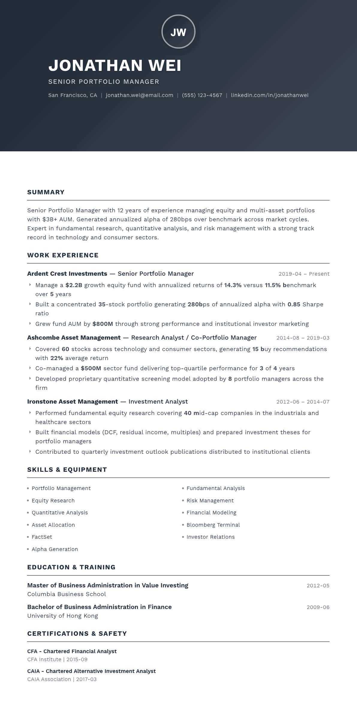 Portfolio Manager resume example, Foundation template