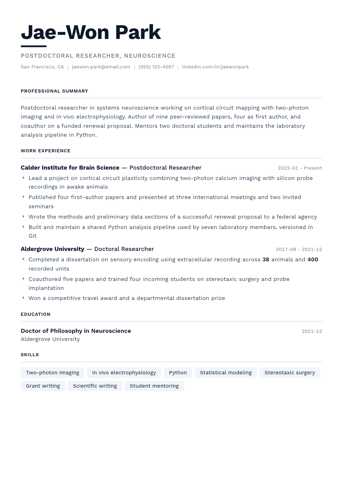 Postdoctoral Researcher resume example, Berlin template