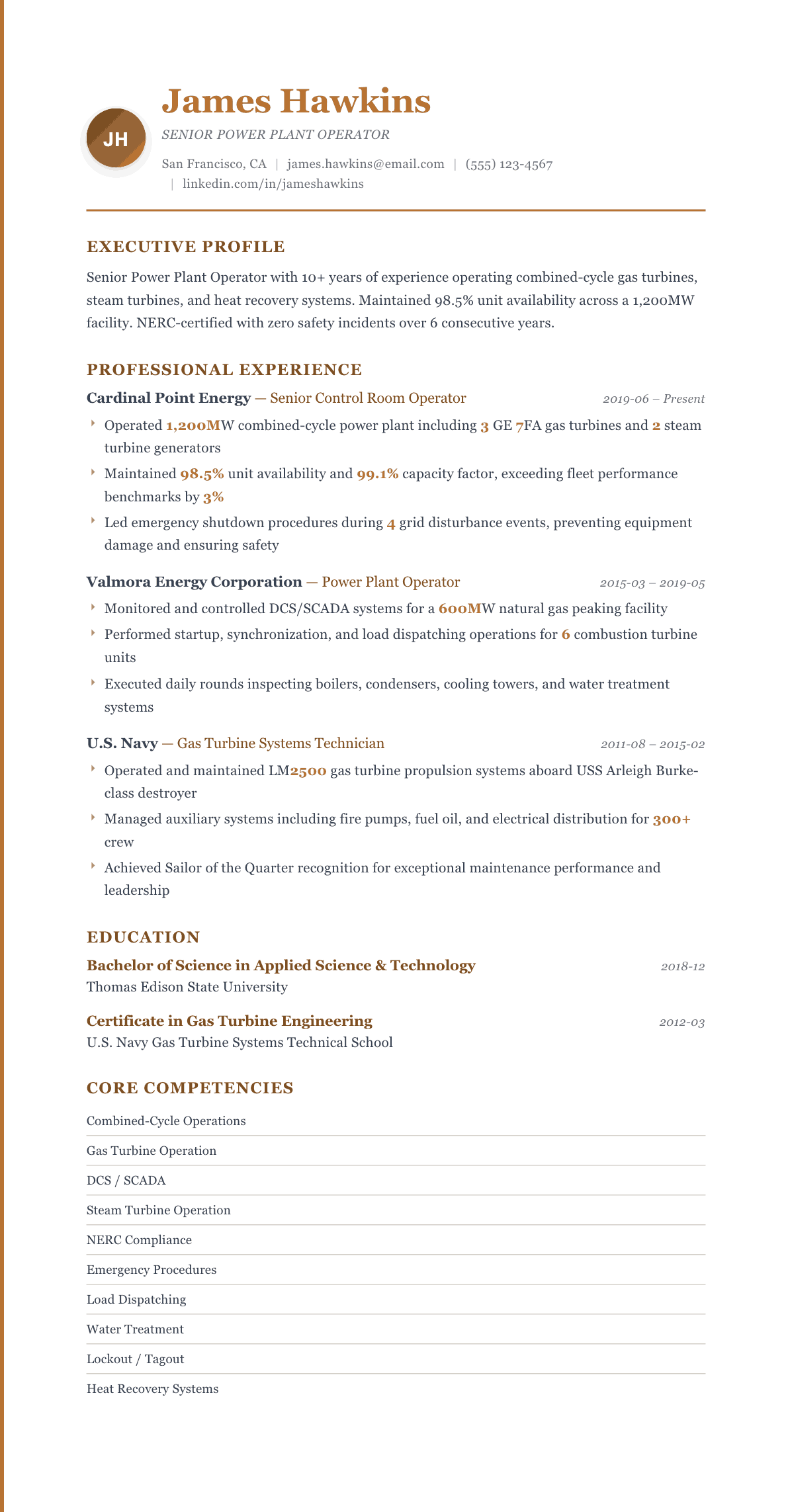Power Plant Operator resume example, Regency template