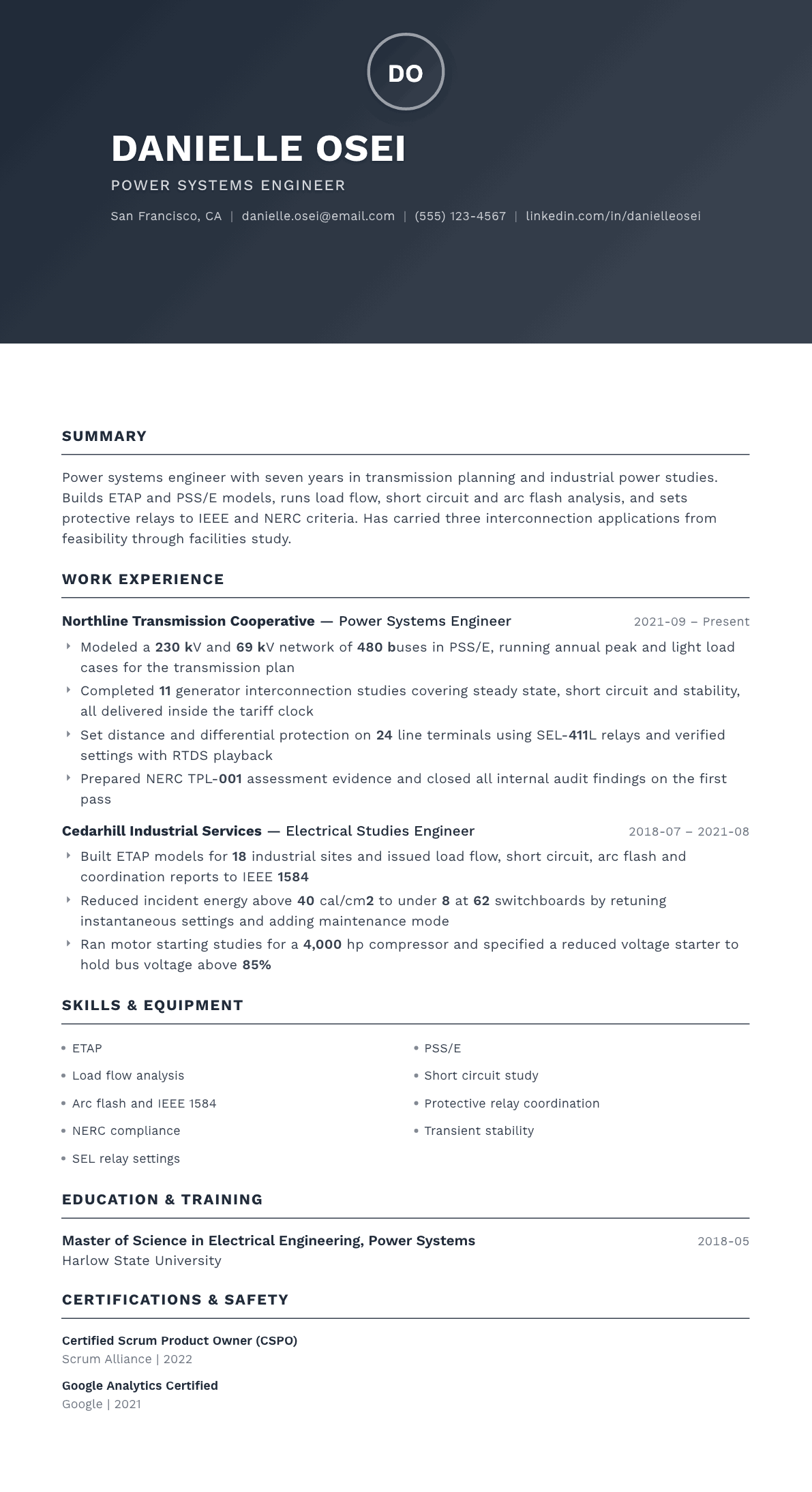 Power Systems Engineer resume example, Foundation template