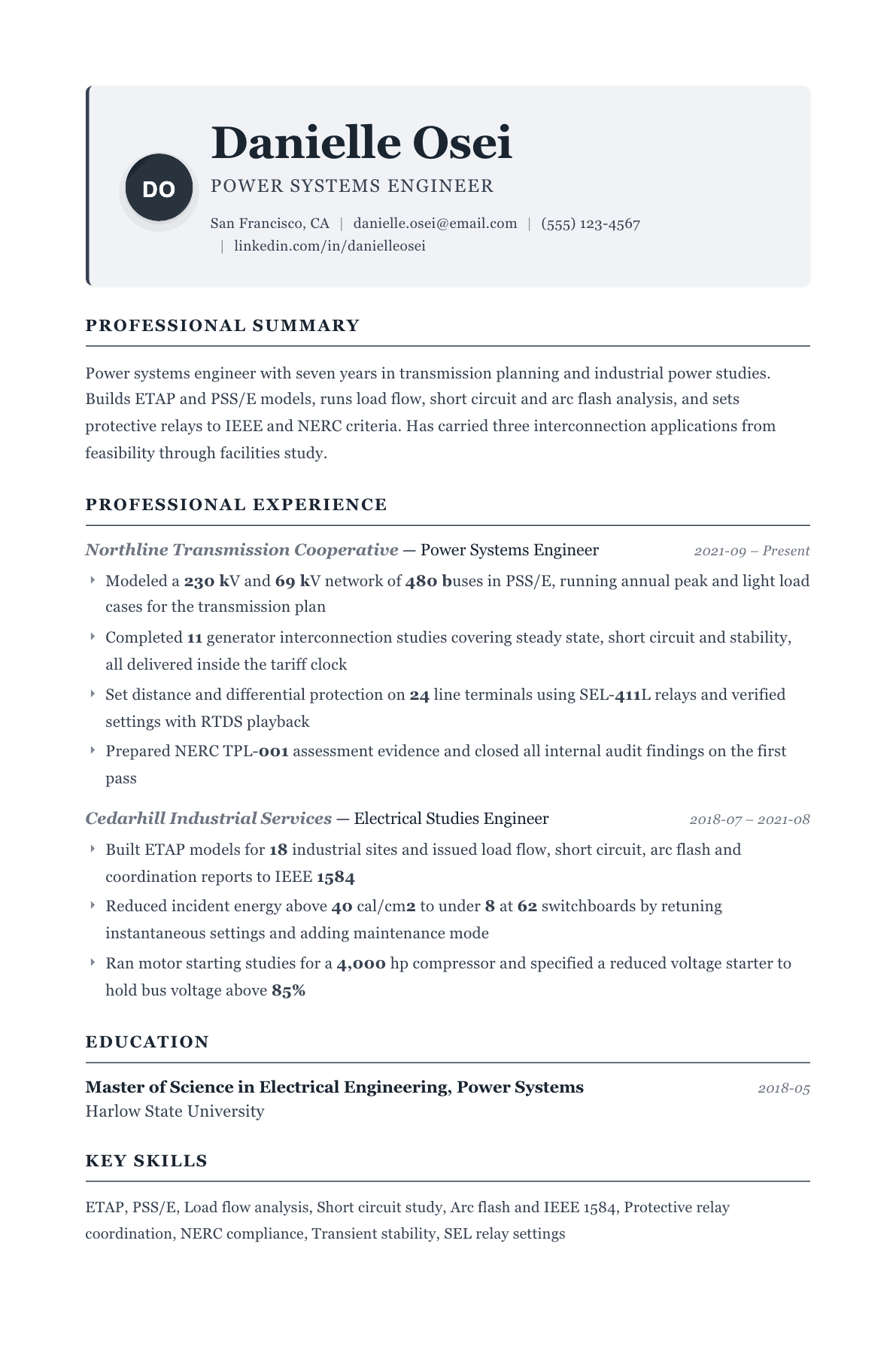 Power Systems Engineer resume example, Traditional template