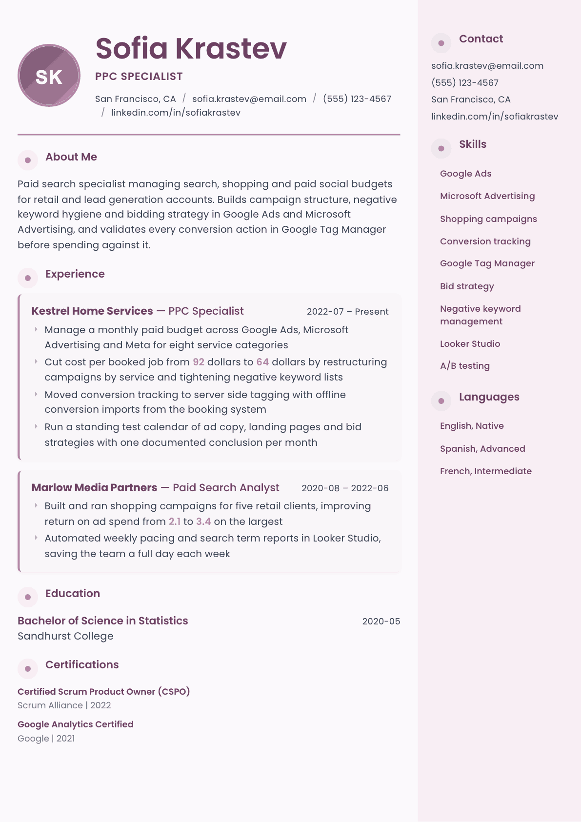 PPC Specialist resume example, Bloom template
