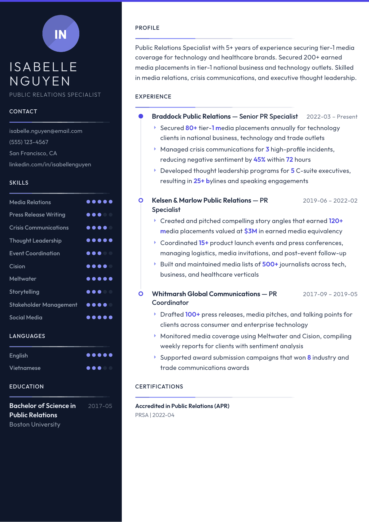 PR Specialist resume example, Zenith template