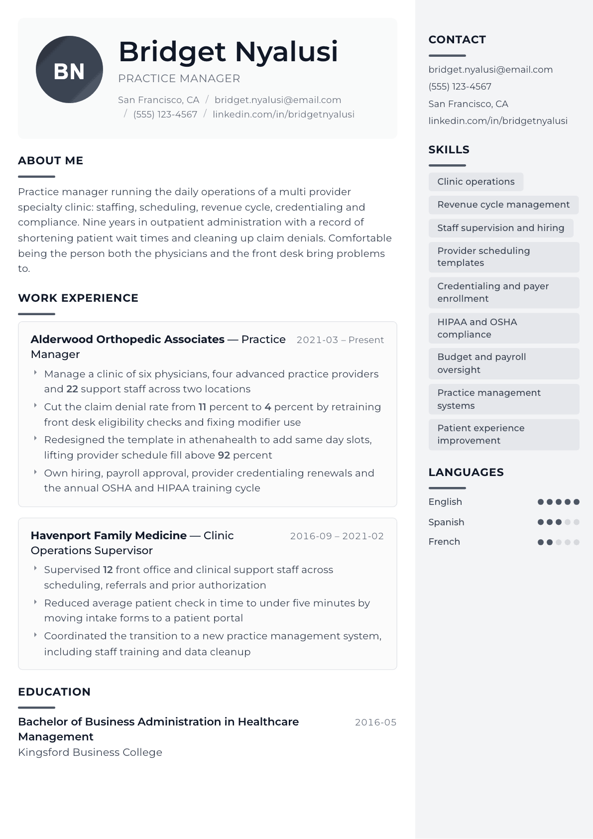 Practice Manager resume example, Metropolitan template