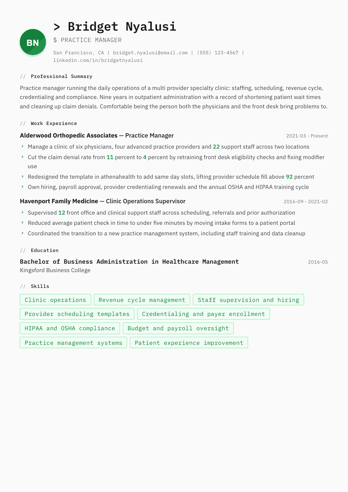Practice Manager resume example, Amsterdam template