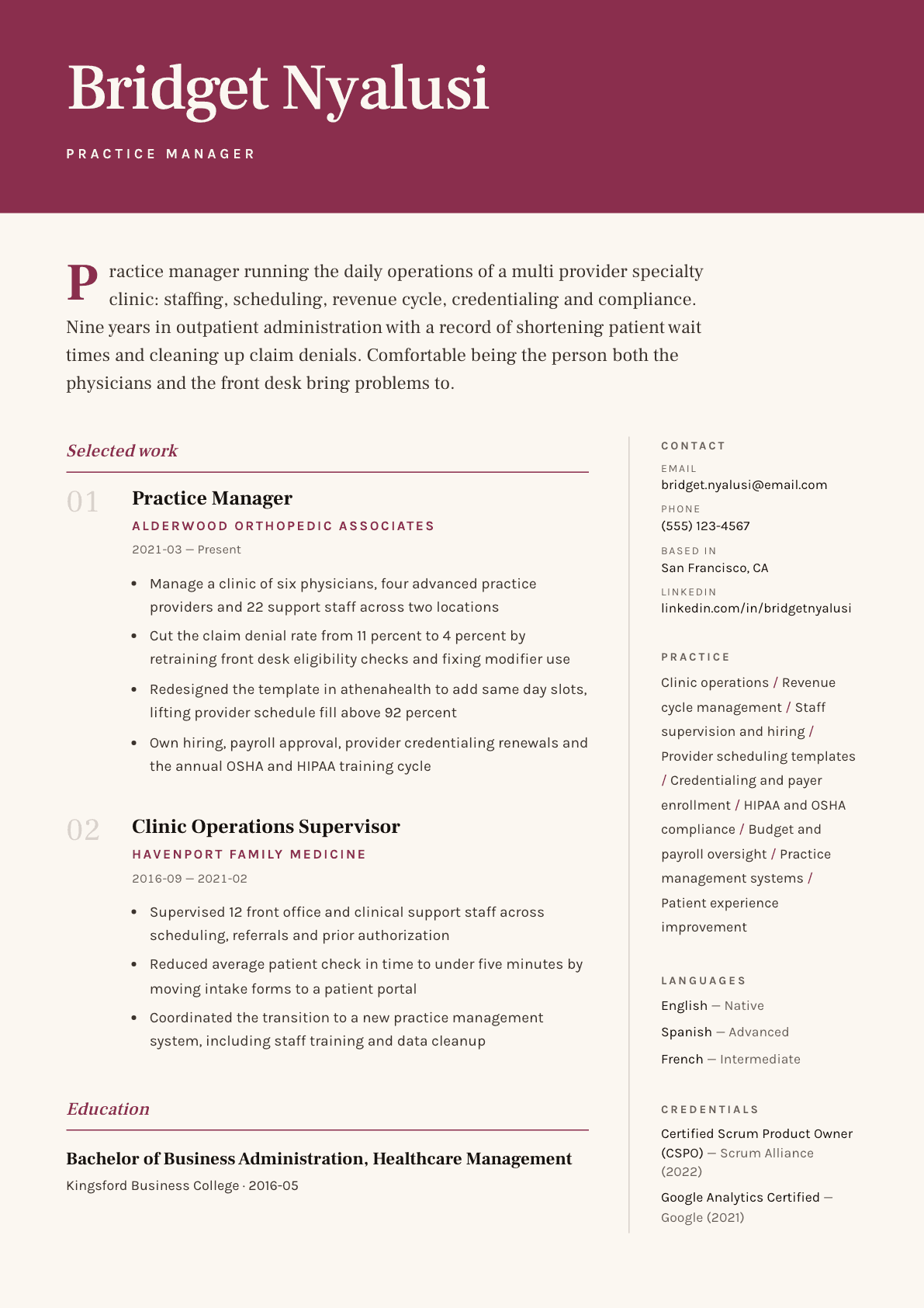 Practice Manager resume example, Pressroom template