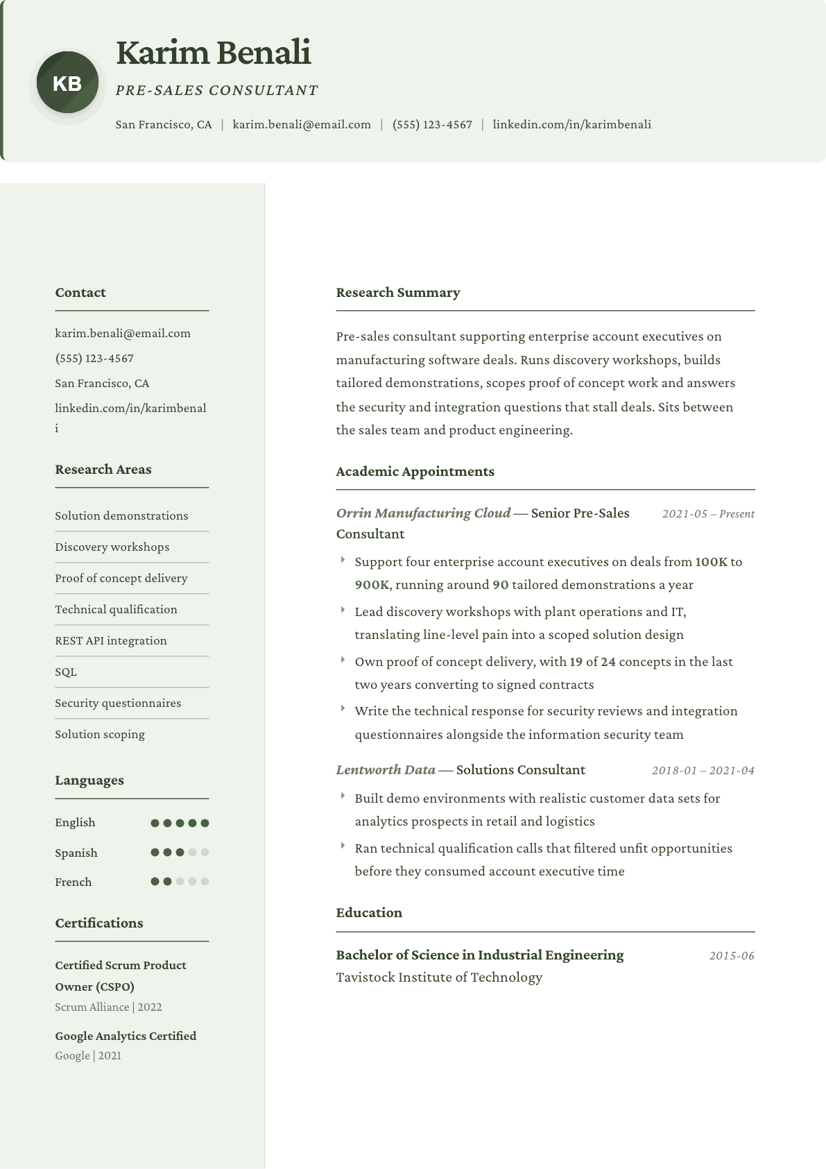 Pre-Sales Consultant resume example, Research template