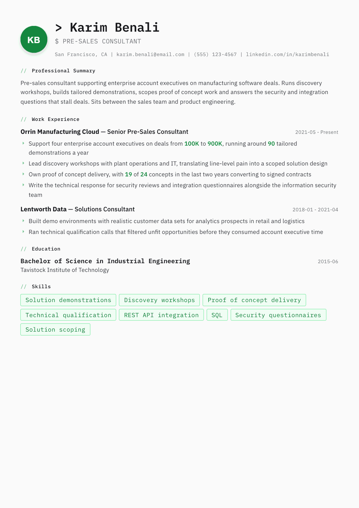 Pre-Sales Consultant resume example, Amsterdam template