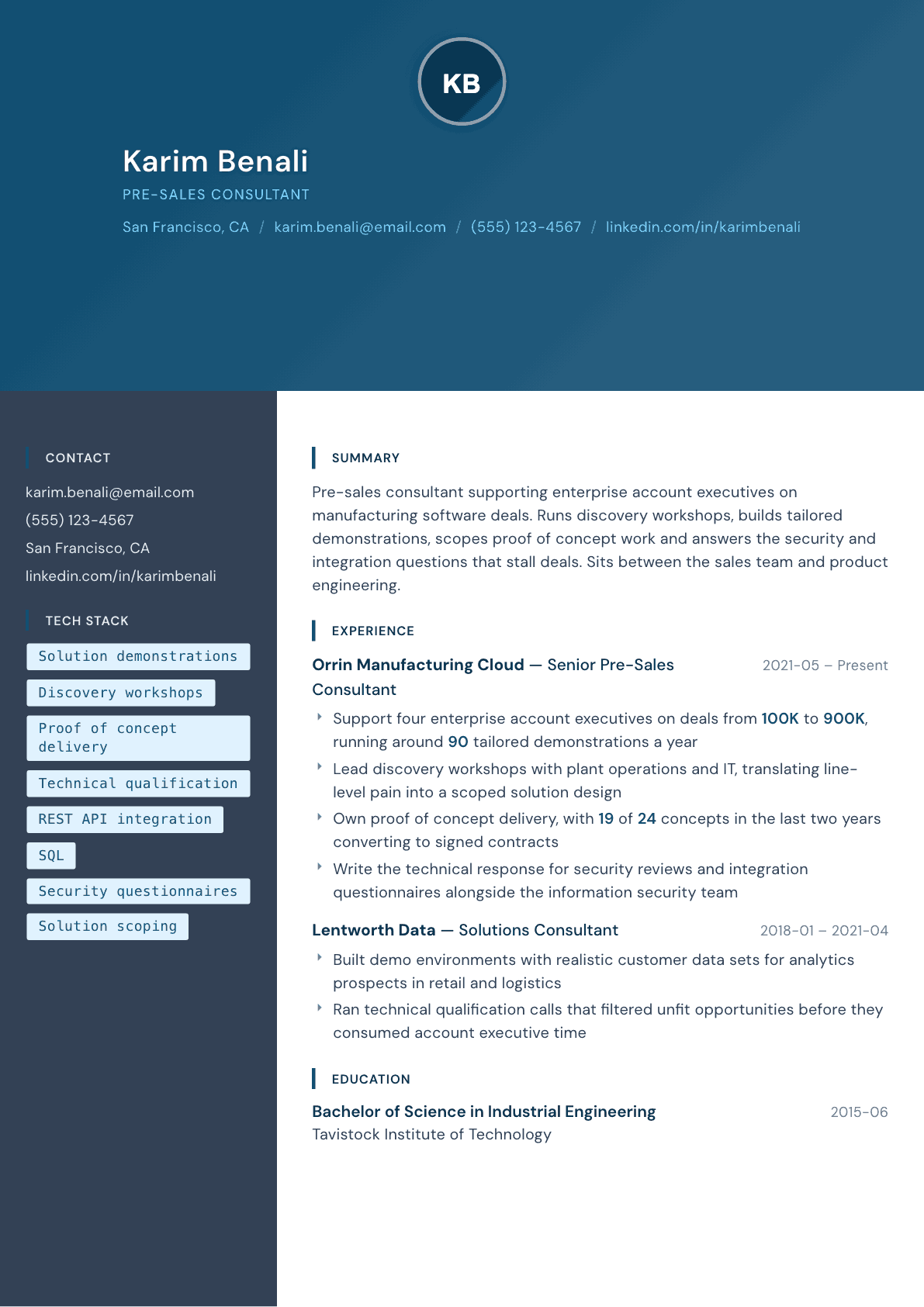 Pre-Sales Consultant resume example, Prism template