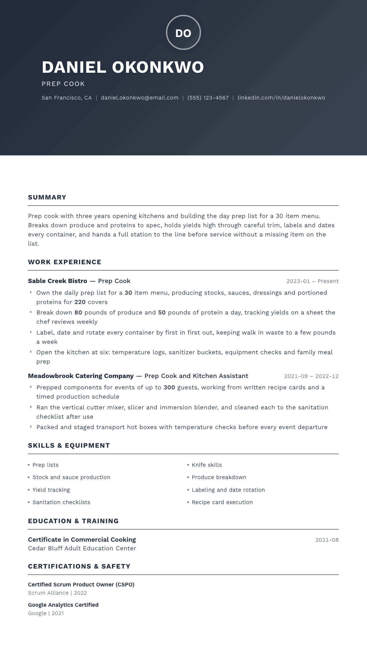 Prep Cook resume example, Foundation template
