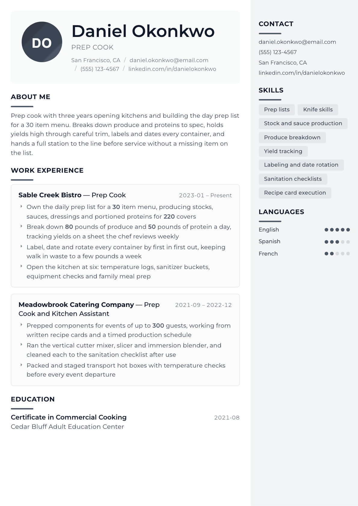 Prep Cook resume example, Metropolitan template