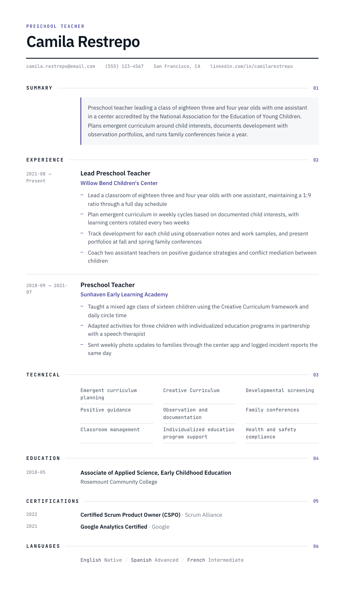 Preschool Teacher resume example, Substrate template