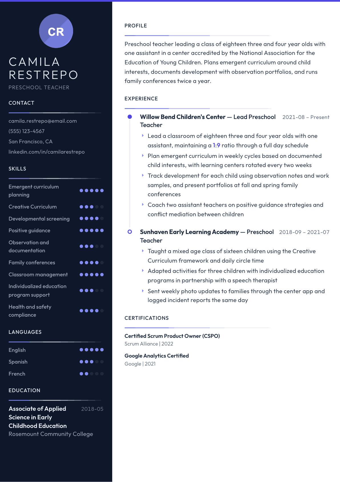 Preschool Teacher resume example, Zenith template