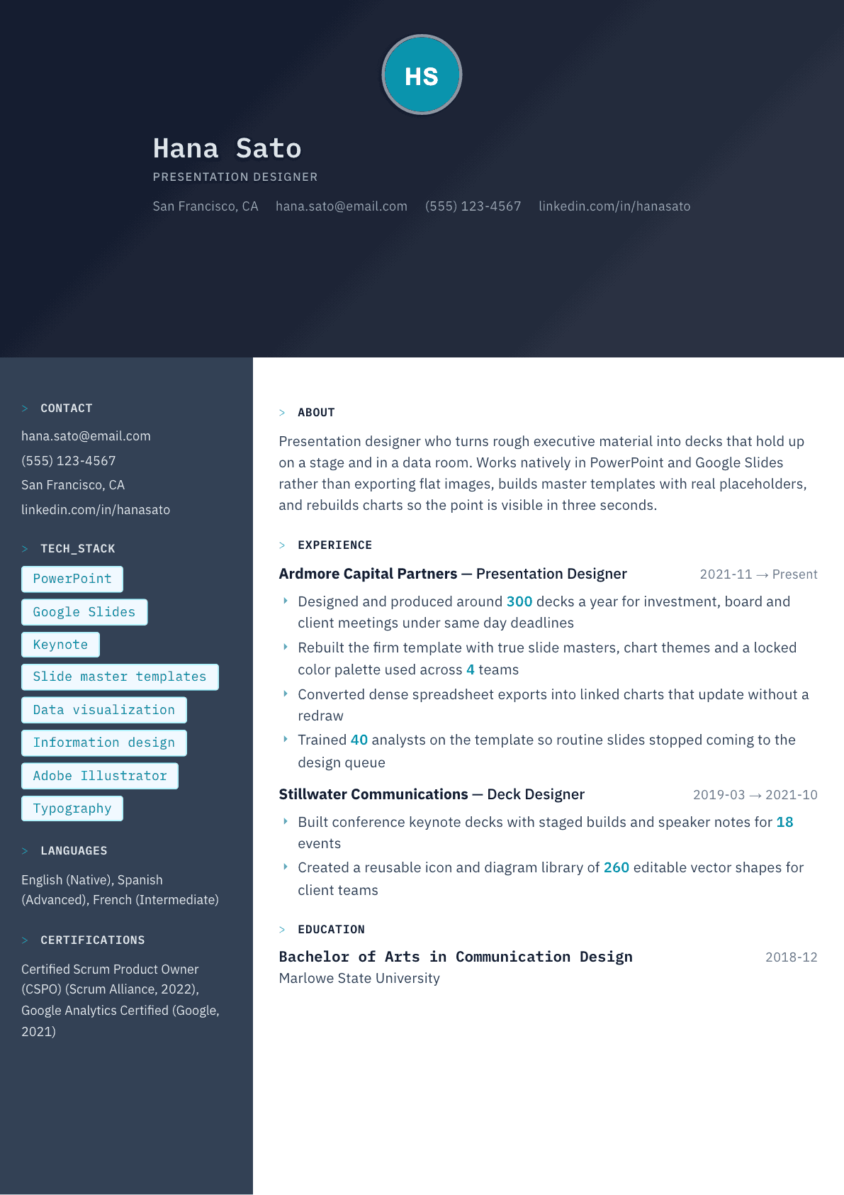 Presentation Designer resume example, Code Terminal template