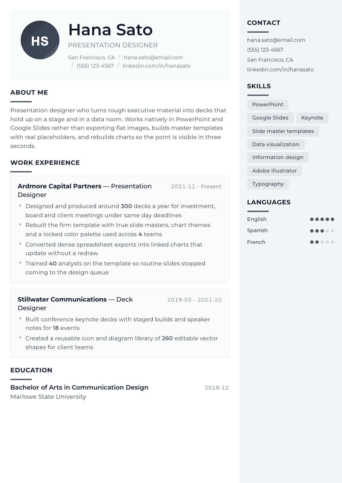 Presentation Designer resume example, Metropolitan template