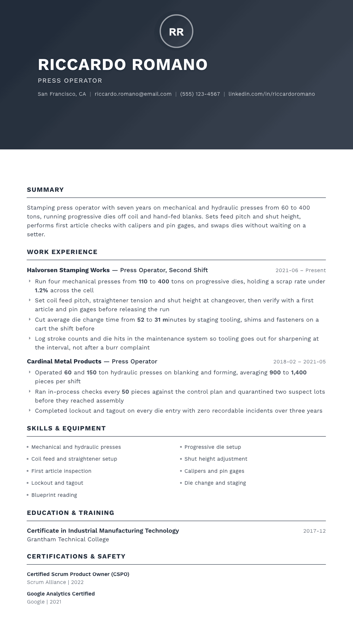 Press Operator resume example, Foundation template