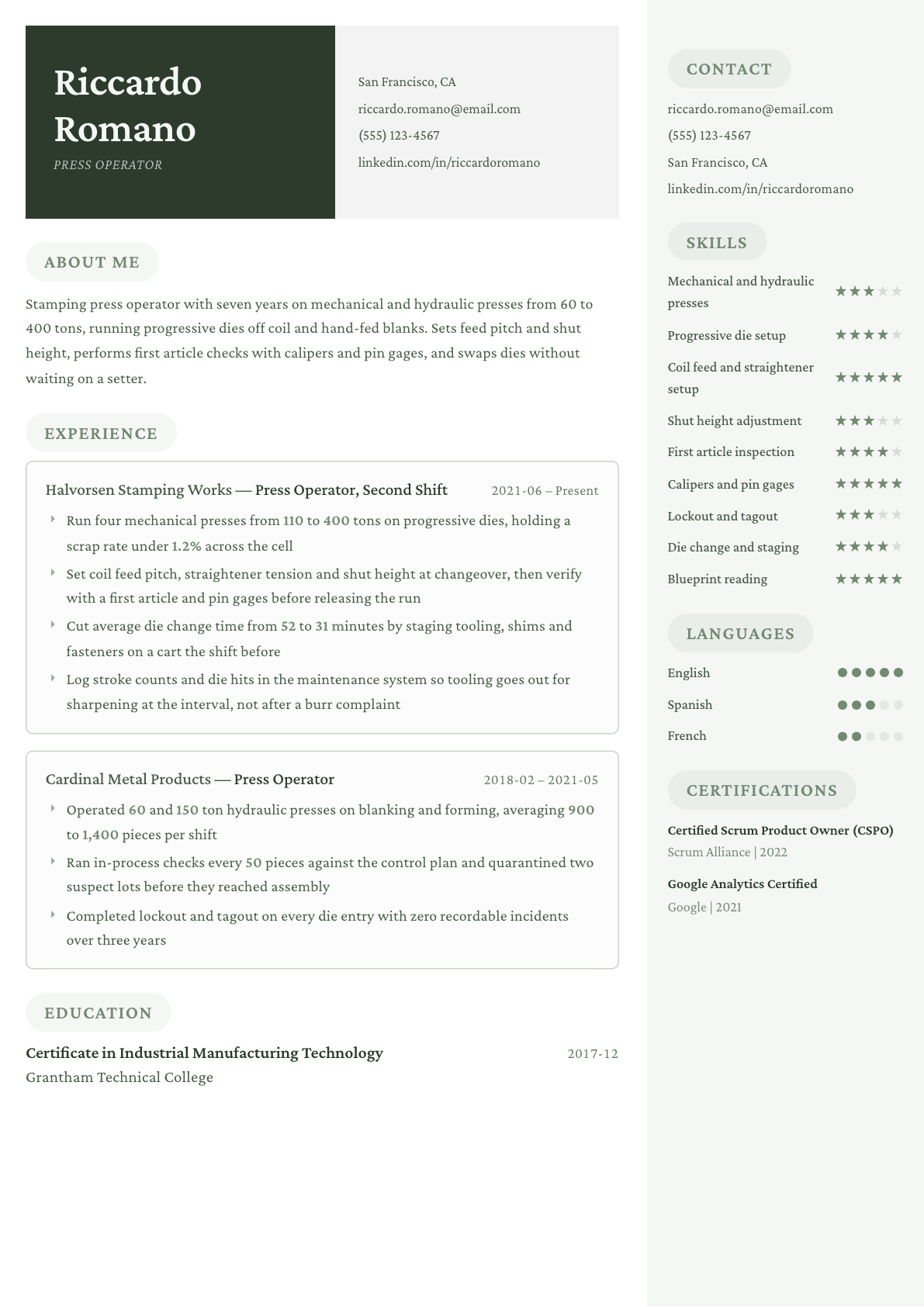 Press Operator resume example, Mayfair template