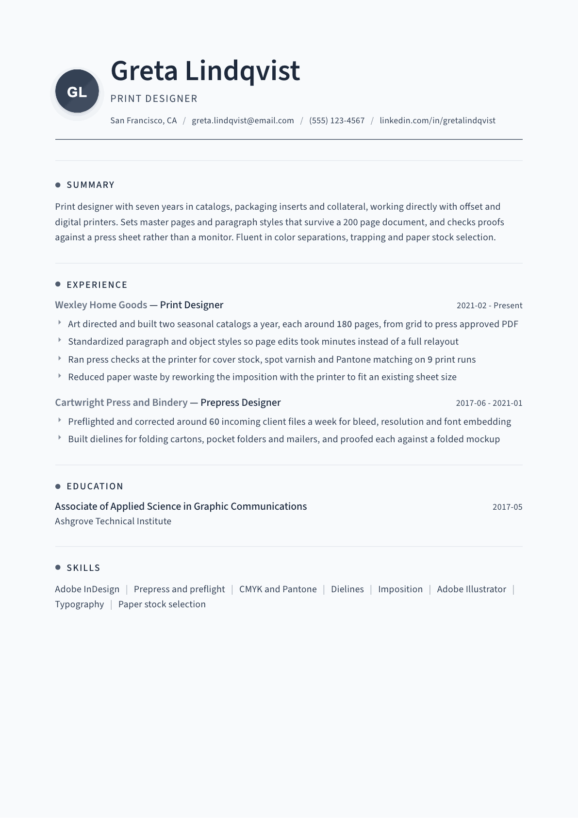 Print Designer resume example, Thread template