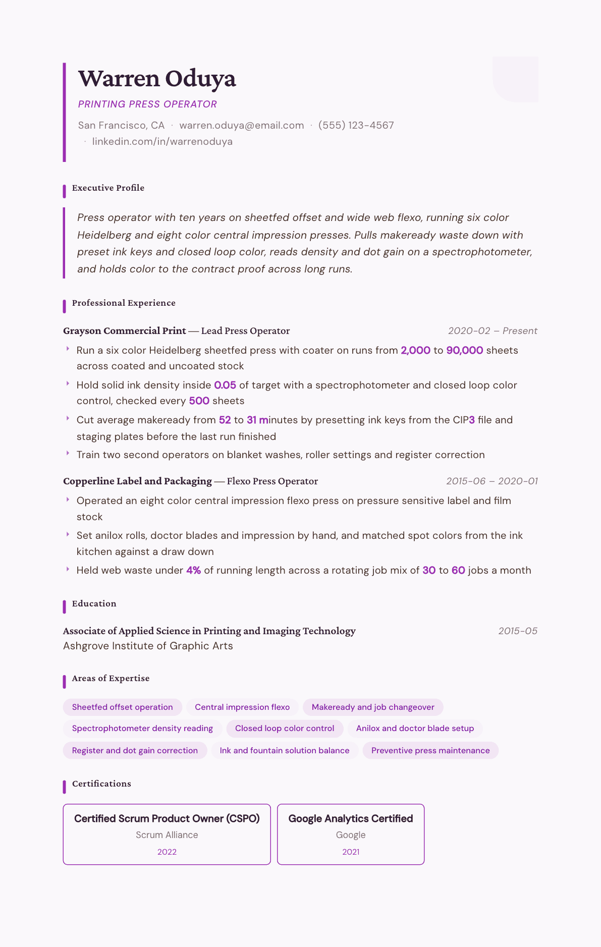 Printing Press Operator resume example, Plum Noir template