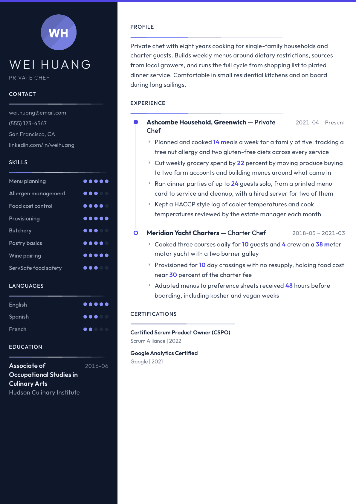 Private Chef resume example, Zenith template