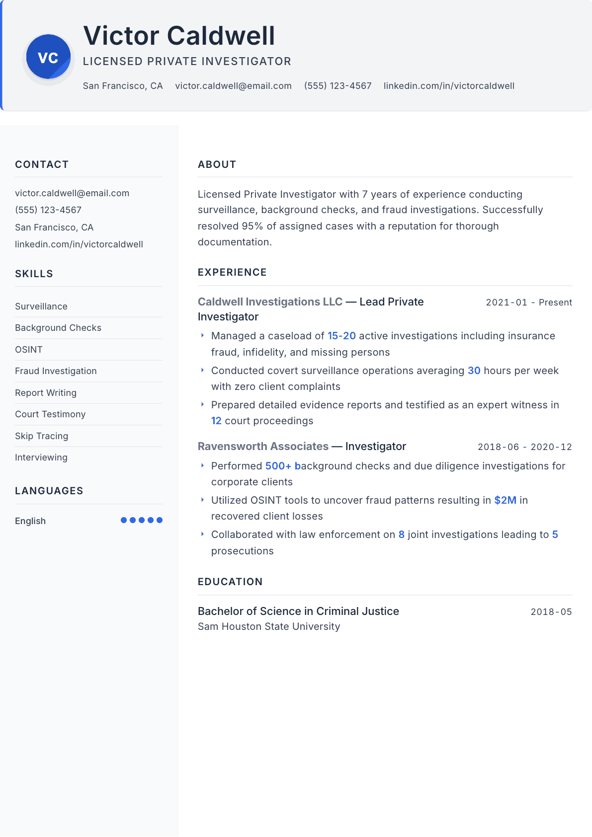 Private Investigator resume example, Paper template