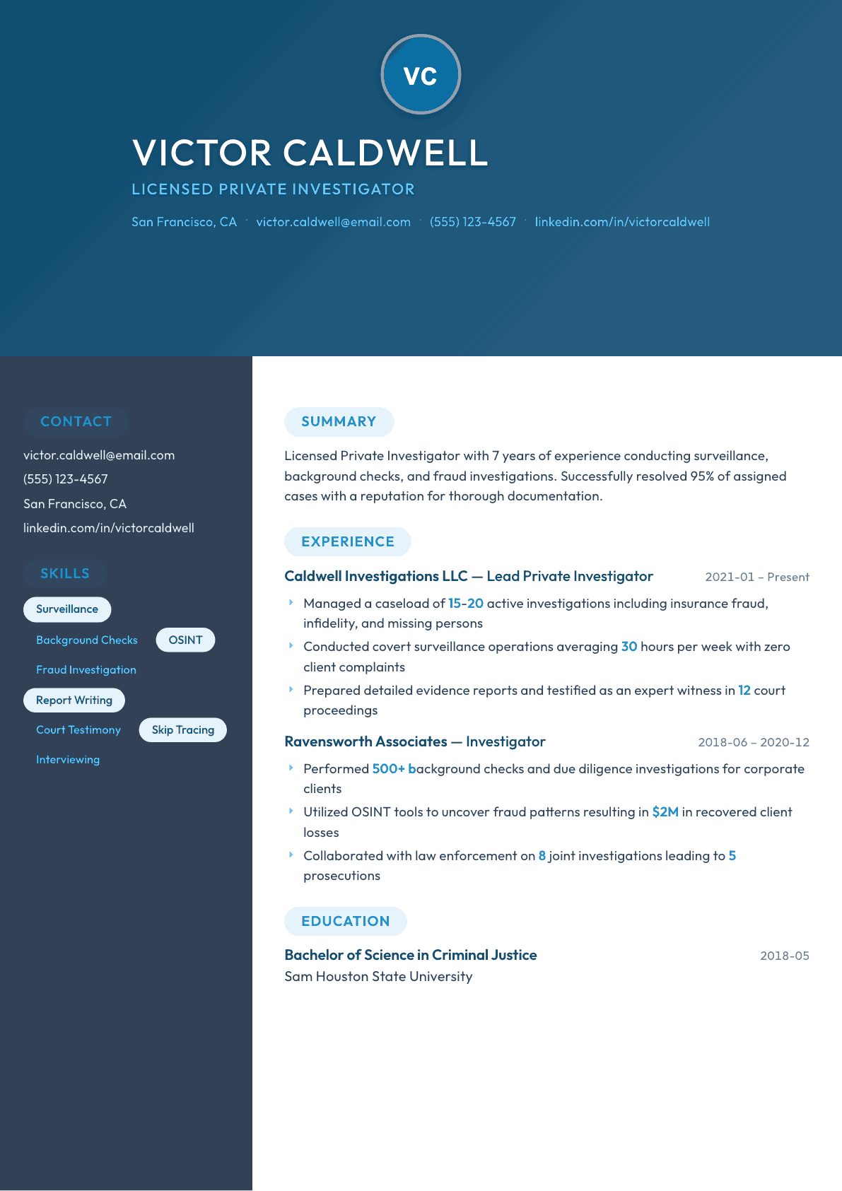 Private Investigator resume example, Nexus template