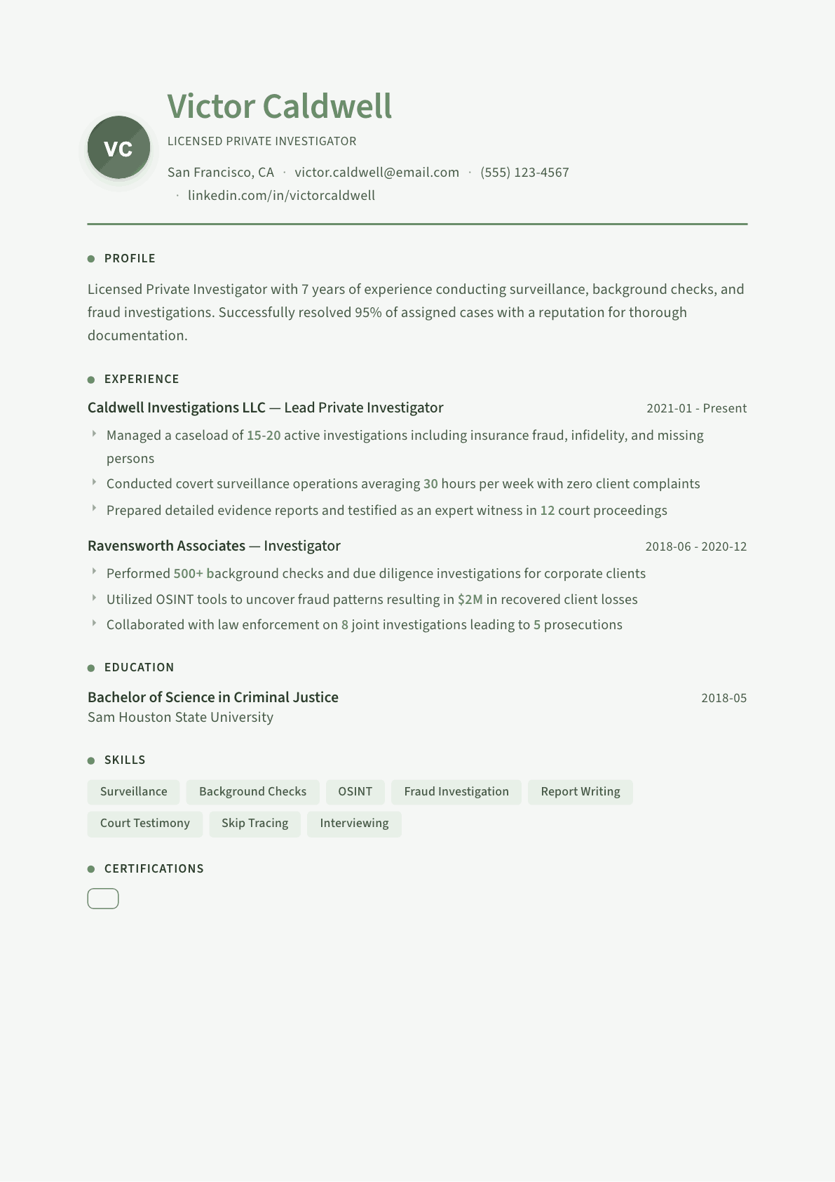 Private Investigator resume example, Sage Garden template