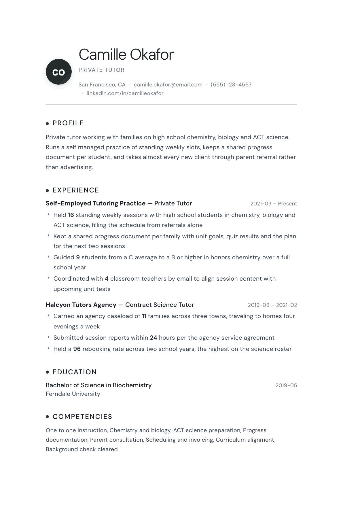 Private Tutor resume example, Pinnacle template