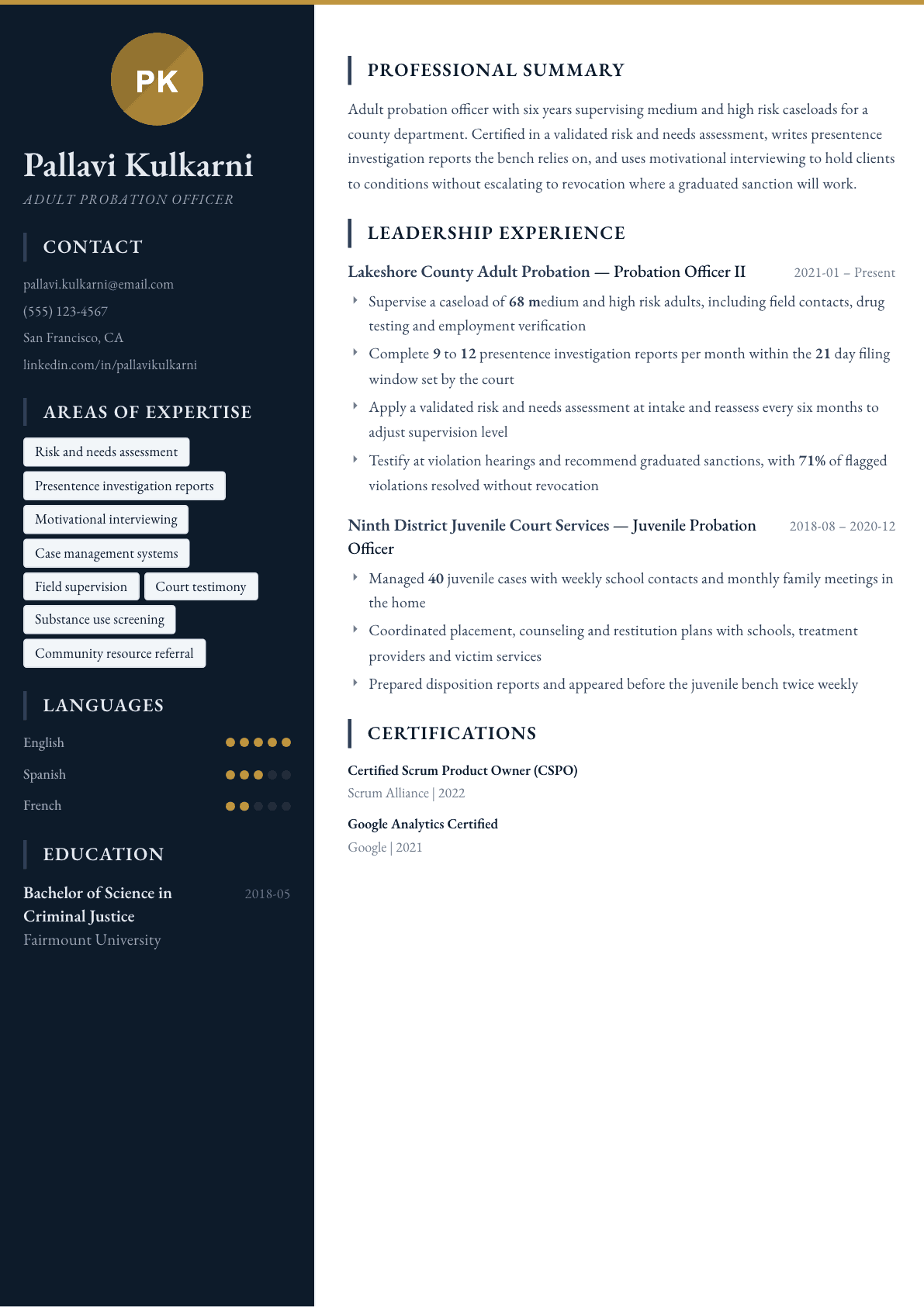 Probation Officer resume example, Presidio template