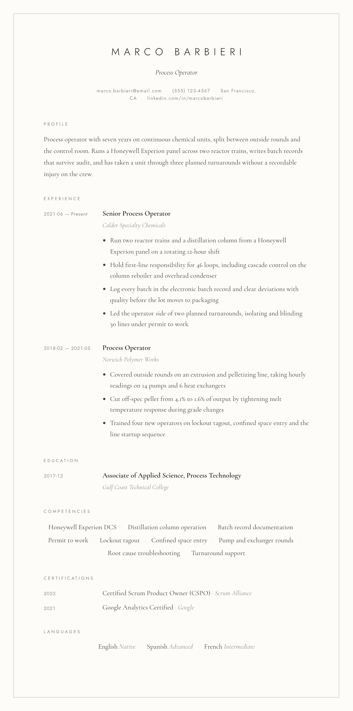 Process Operator resume example, Vellum template