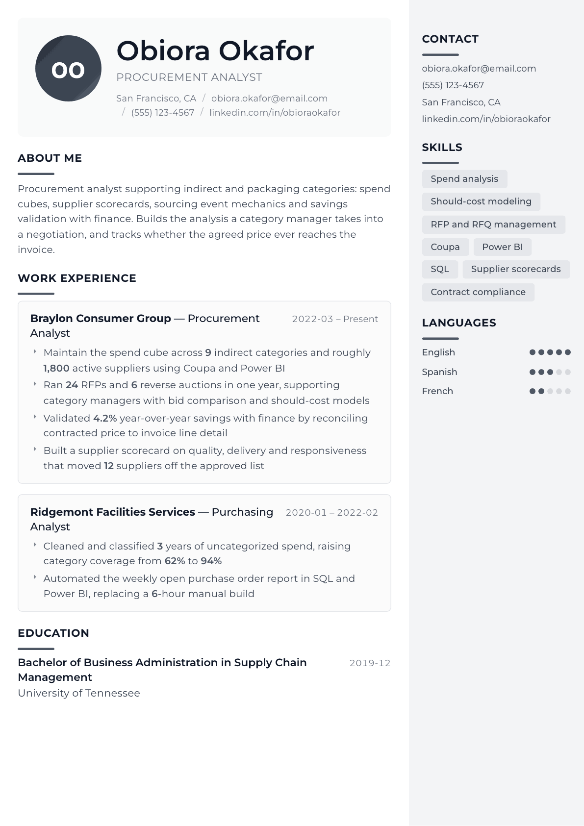 Procurement Analyst resume example, Metropolitan template