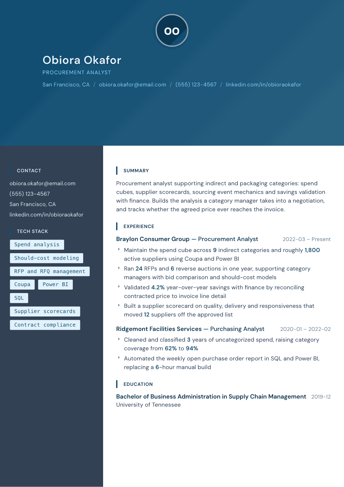 Procurement Analyst resume example, Prism template
