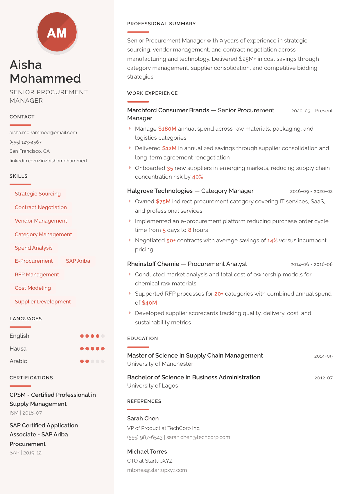 Procurement Manager resume example, Milano template