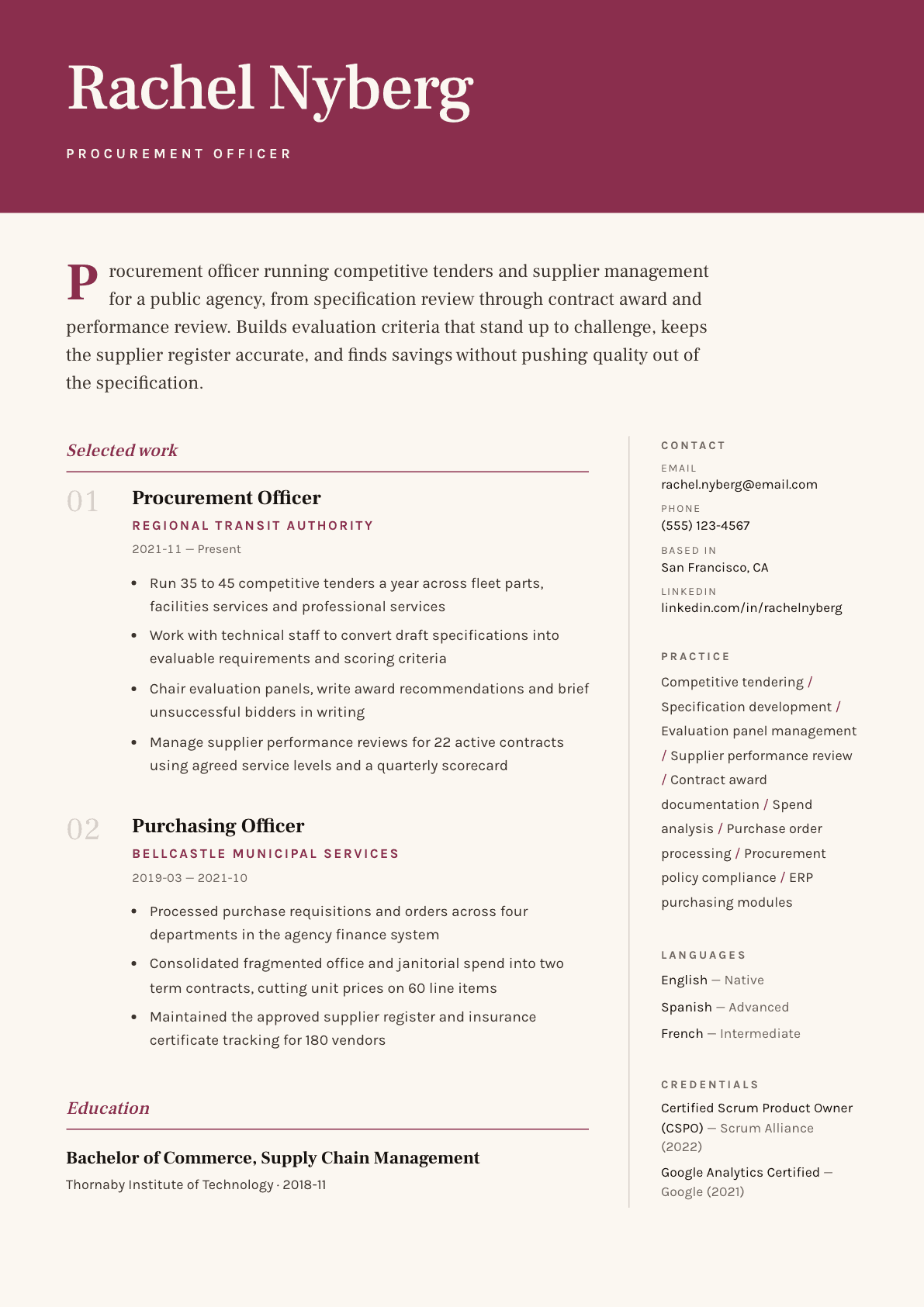 Procurement Officer resume example, Pressroom template